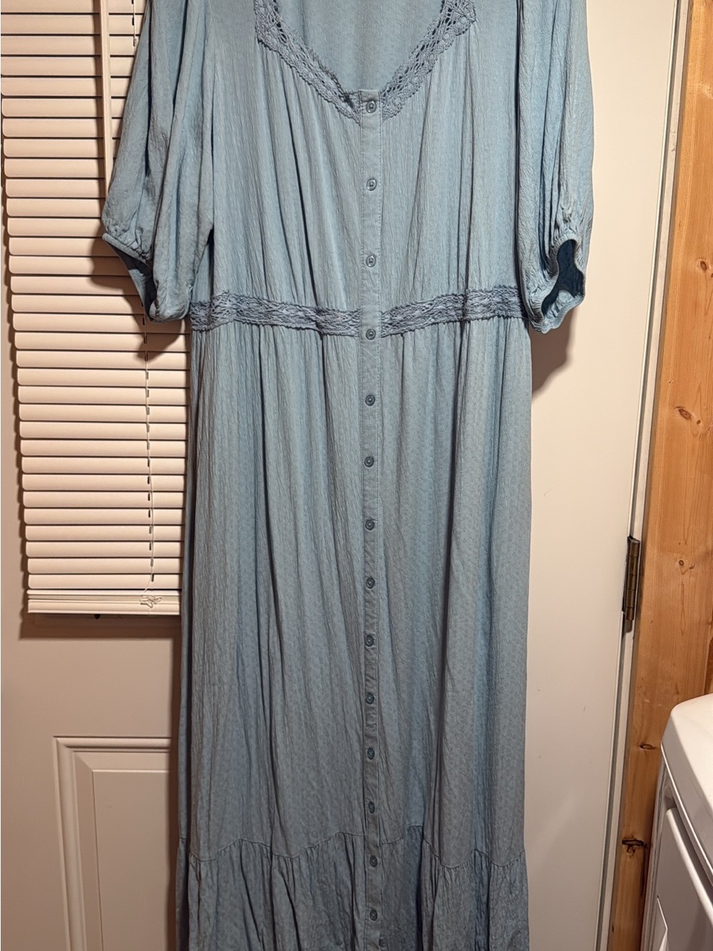 Light Blue Button-Front Maxi Dress with Lace Trim